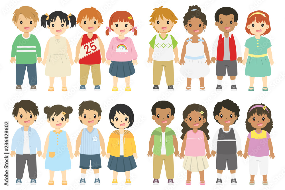 Children cartoon vector collection. Happy kids vector with different hairstyle, skin color and outfits. Children cartoon vector collection. Happy kids vector with different hairstyle, skin color and outfits.