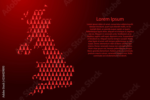 United Kingdom map abstract schematic from red Christmas tree and Happy New Year decoration pattern for banner, poster, greeting card. Vector illustration. photo