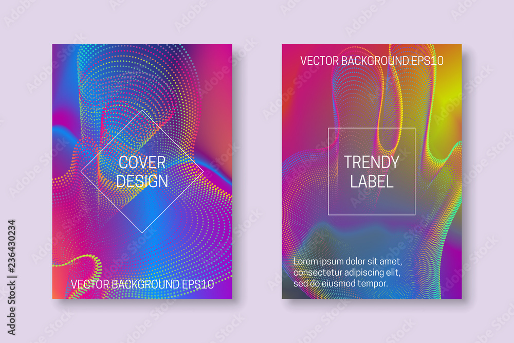 Vibrant design for cover templates with iridescent array of dots. Trendy brochures or packaging backgrounds.