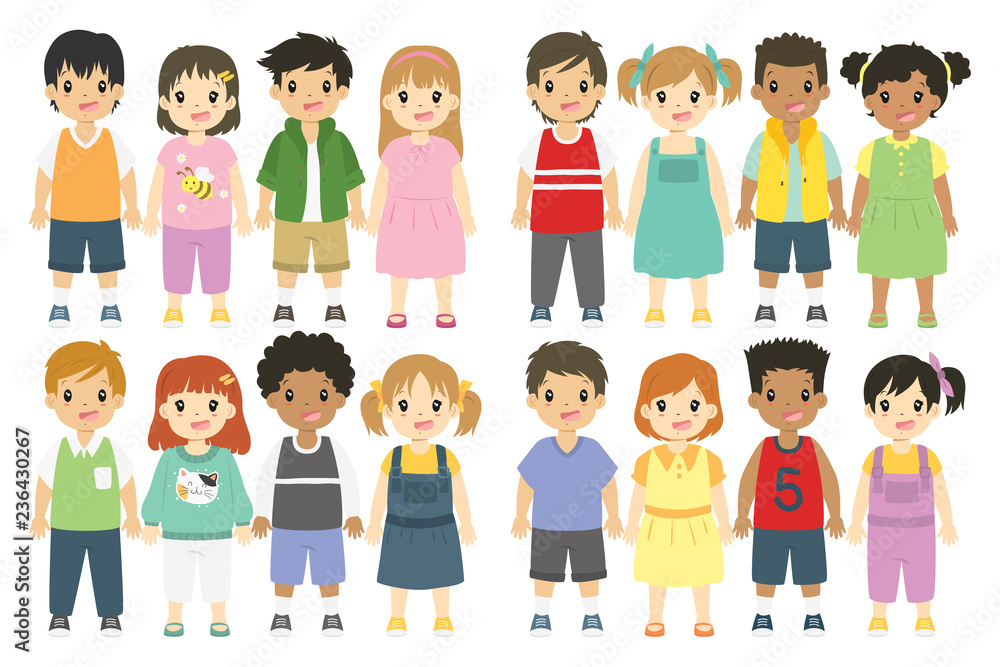 Children cartoon vector collection. Happy kids vector with different  hairstyle, skin color and outfits. Stock Vector | Adobe Stock