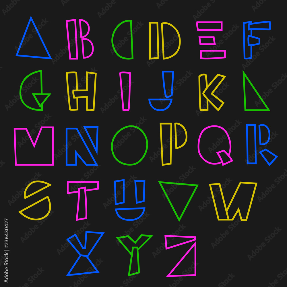 Bright line hand drawn alphabet. Vector illustration