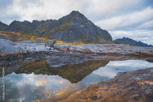 Rocky sea shore. Beautiful nature of Norway. Lofoten islands. Europe