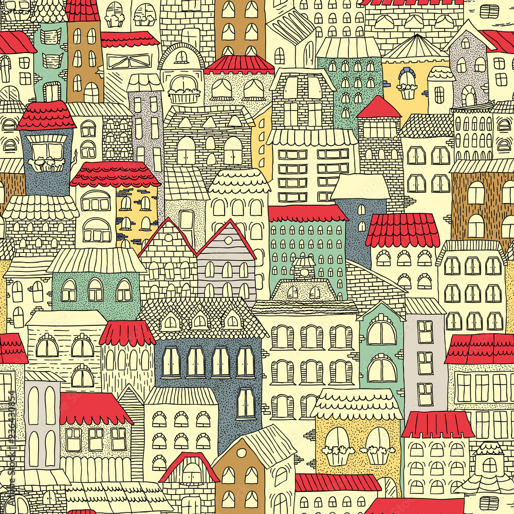 Fototapeta Color sketch of the panorama of the city. Vintage cute houses. Drawing by hand. Vector illustration. Seamless pattern.