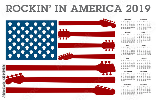 Rocking in America. A 2019 calendar with an American flag made of guitar necks and picks. 