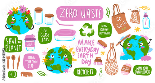 Go green! Save the planet! Zero waste. Earth Day. Hand drawn cute planet Earth and various eco objects. Hand drawn colored vector set. All elements are isolated