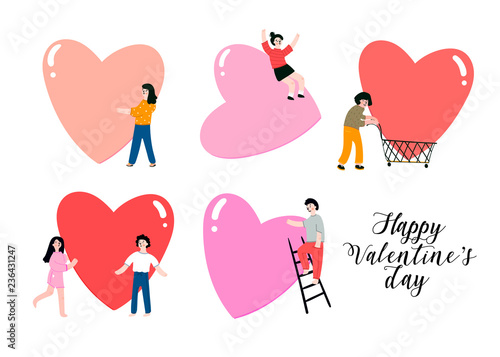 Happy Valentine's Day. Various people doing stuff with big colorful hearts. Hand drawn vector set. All elements are isolated