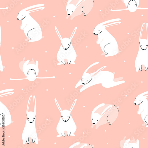 Cute rabbits in various poses. Hand drawn vector seamless pattern. Colored version. Pink background