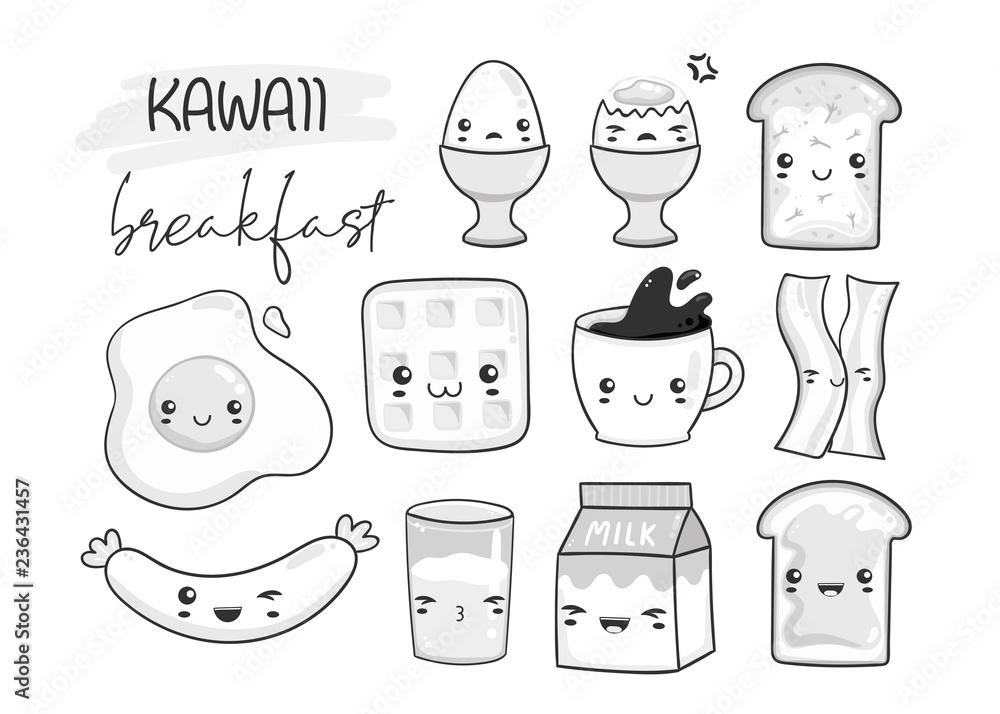 Kawaii breakfast. Various tasty food with faces. Hand drawn vector set ...