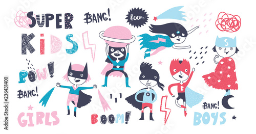 Super hero kids. Boys and girls. Big hand drawn colored vector set. All elements are isolated
