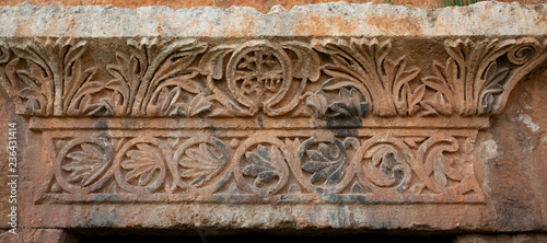 Decorative stone carving in Serjilla, Syria.