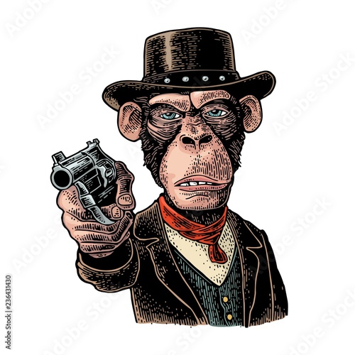 Monkey gentleman holding revolver and dressed hat, suit, waistcoat. Engraving