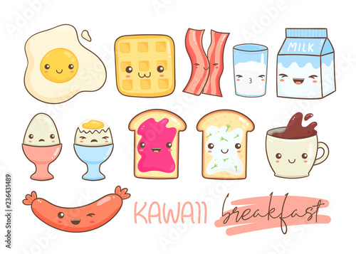 Kawaii breakfast. Various tasty food with faces. Hand drawn vector set. Colored version. All elements are isolated