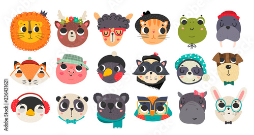 Fototapeta Naklejka Na Ścianę i Meble -  Cute animal faces. Hand drawn colored avatars. Big vector set. All elements are isolated