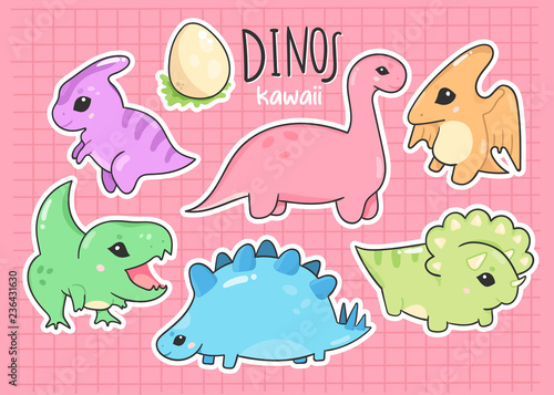 Cute little kawaii dinosaurs. Hand drawn colored vector set. Pink background. All elements are isolated