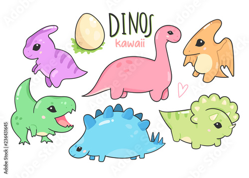 Cute little kawaii dinosaurs. Hand drawn colored vector set. All elements are isolated