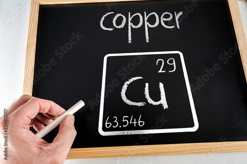 Symbol of the chemical element copper drawn on a black slate with chalk, conceptual image