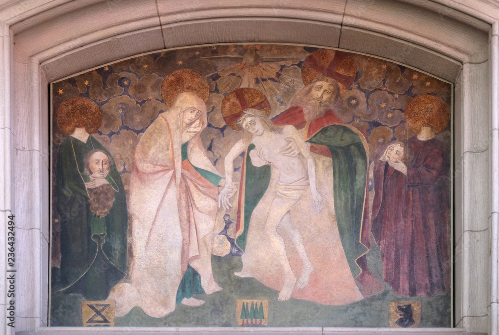 Holy Trinity and saints Felix and Regula, fresco on the Fraumunster church in Zurich, Switzerland