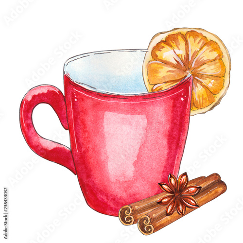 Watercolor cup with lemon and cinnamon