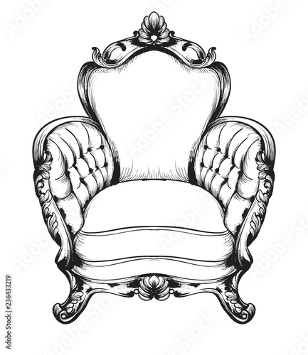 Baroque furniture rich armchair. Royal style decotations. Victorian ornaments engraved. Imperial furniture decor. Vector illustrations line arts photo