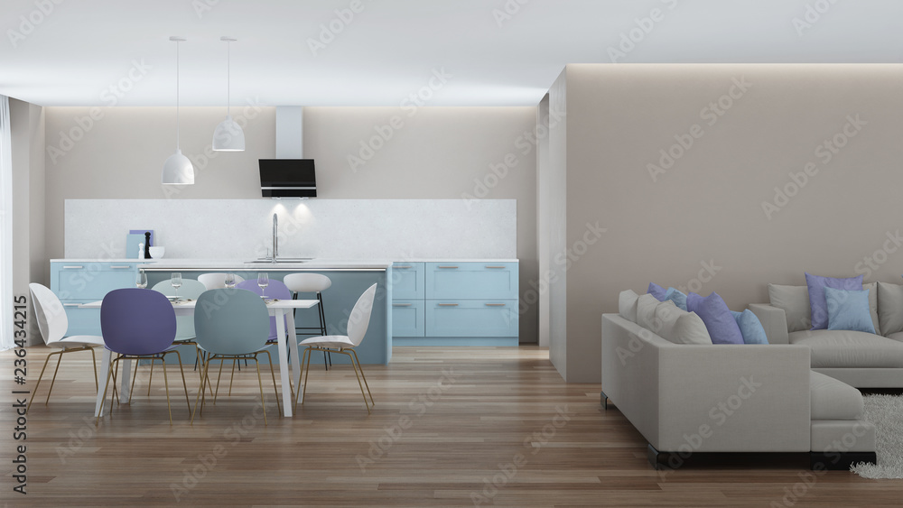 Fototapeta premium Modern house interior. Blue Kitchen. 3D rendering.