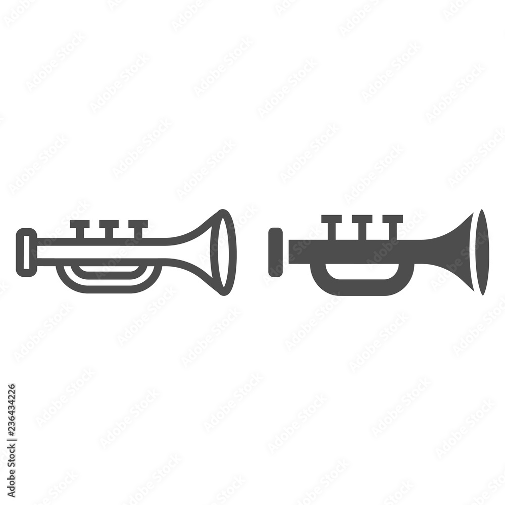 Trumpet line and glyph icon, musical and instrument, bugle sign, vector graphics, a linear pattern on a white background. Trumpet line and glyph icon, musical and instrument, bugle sign, vector graphics, a linear pattern on a white background.
