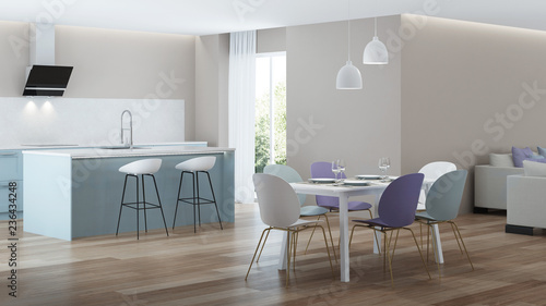 Modern house interior. Blue Kitchen. 3D rendering.