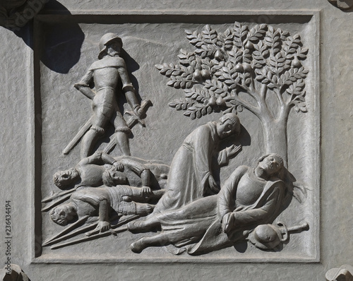 Zwingli's death on the battlefield at Kappel, 11 October 1531., relief on the door of the Grossmunster (