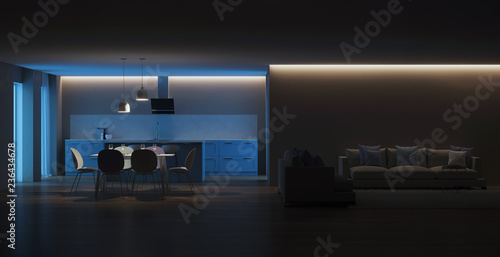 Modern house interior. Blue Kitchen. Night. Evening lighting. 3D rendering.