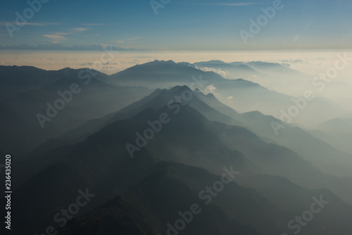 view from airplane on the way back to Kathmandu Airport with everest mountain range