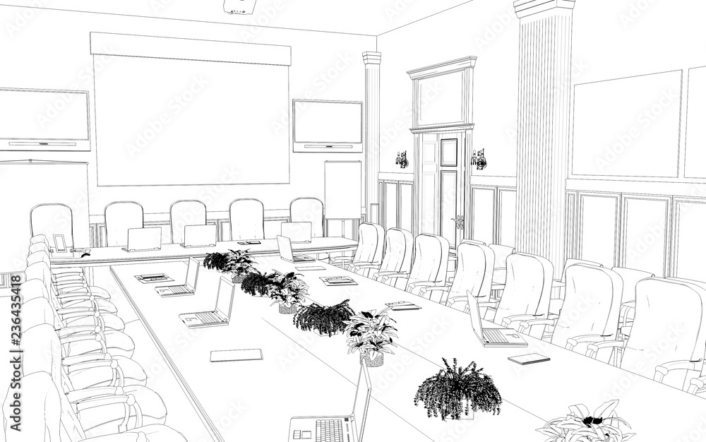 conference room, meeting room, contour visualization, 3D illustration, sketch, outline