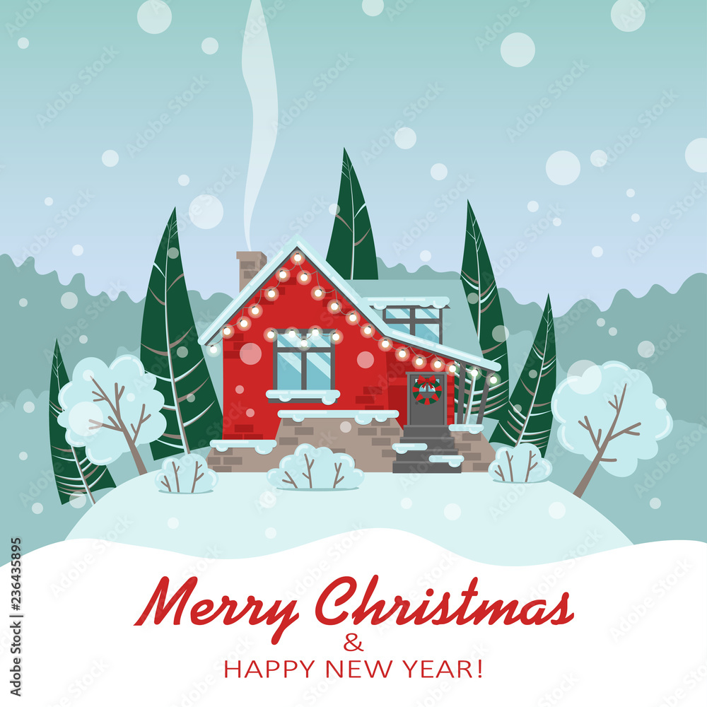 Vector Christmas card with a house, trees, Christmas trees and bushes in flat style