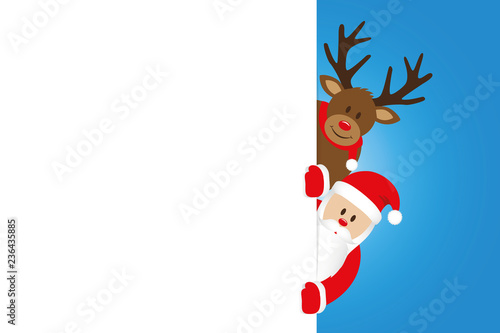 santa and reindeer christmas cartoon with white banner vector illustration EPS10
