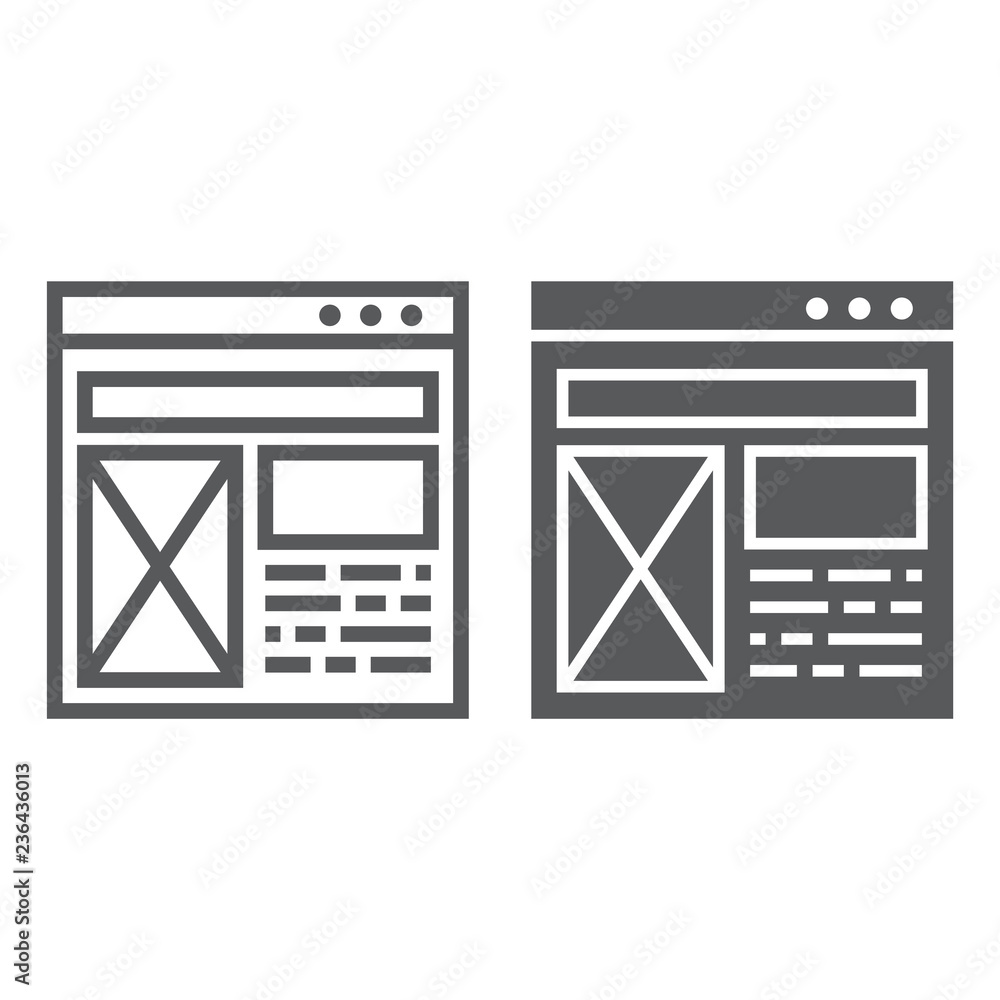 Layout line and glyph icon, website and design, template window sign, vector graphics, a linear pattern on a white background. Layout line and glyph icon, website and design, template window sign, vector graphics, a linear pattern on a white background.