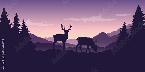 two wildlife reindeers on purple mountain and forest landscape vector illustration EPS10
