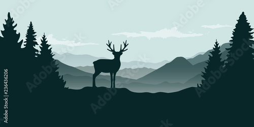 wildlife reindeer mountain view in the fog and forest landscape vector illustration EPS10
