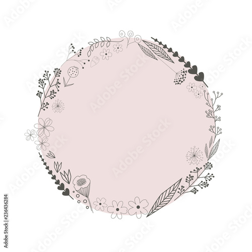Vector illustration. Minimal floral round frame in pastel color. Icons set of plants and flowers. It can be used for invitations, weddings, greeting cards.