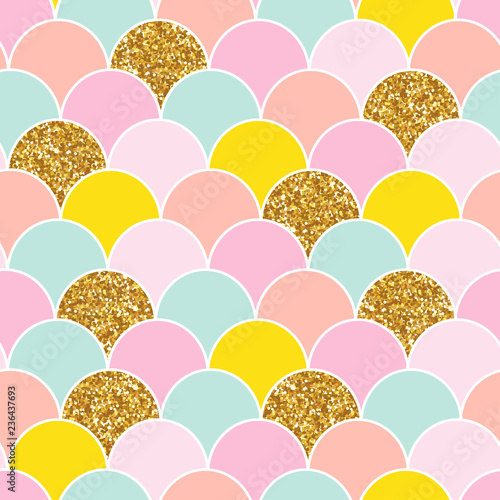 Mermaid tail seamless pattern with gold glitter elements. Cute kids print. Vector hand drawn illustration.