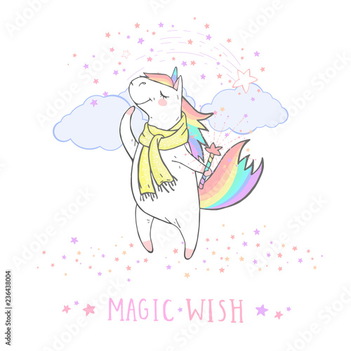 Vector illustration of hand drawn cute unicorn in scarf with magic wand and text - MAGIC WISH on withe background. Cartoon style. Colored.