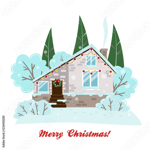 Vector Christmas card with a house, trees, Christmas trees and bushes in flat style