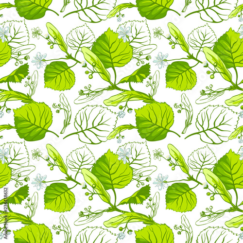 Floral seamless pattern with linden flowers. Hand drawn eco design for fabric and wrap paper, packaging- tea, oil, cosmetics etc.