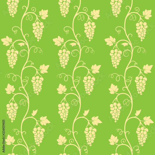 Seamless pattern on separated green background. Vines of grape tree, bunches, grape leaves, swirls. Swatch is included in EPS file.