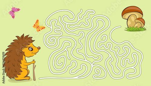 Maze game for kids with pictures of a hedgehog and mushrooms. 
