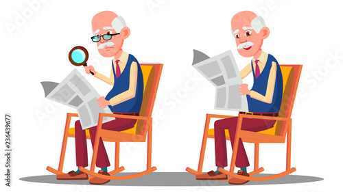 Visually Impaired Elderly Man Reading A Book Through A Magnifying Glass Vector. Isolated Cartoon Illustration