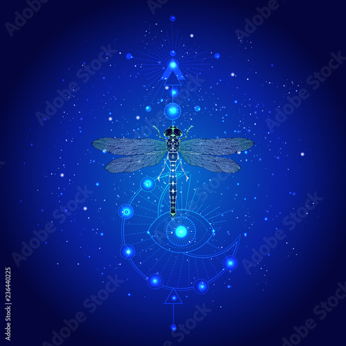 Vector illustration with hand drawn dragonfly and Sacred geometric symbol against the starry sky. Abstract mystic sign.