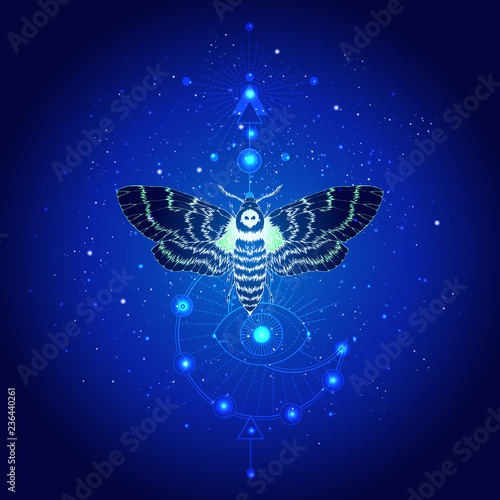 Vector illustration with hand drawn butterfly Dead head and Sacred geometric symbol against the starry sky. Abstract mystic sign. © nadezhdash