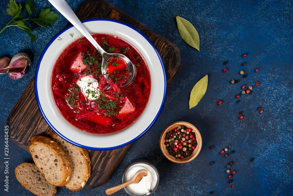 Borsch - Traditional Ukrainian / Russian soup on blue background