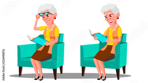 Visually Impaired Elderly Woman Reading A Book Vector. Isolated Cartoon Illustration