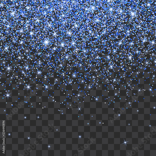 Blue glitter sparkle on a transparent background. Vibrant background with twinkle lights. Vector illustration
