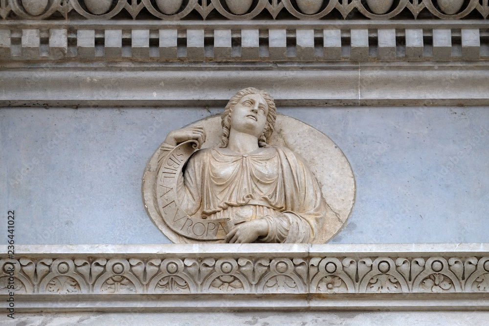Sibyl of Europa, relief on the portal of the Cathedral of Saint Lawrence in Lugano, Switzerland