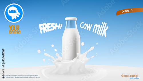 Realistic Transparent Clear Milk Bottle Advertising Template